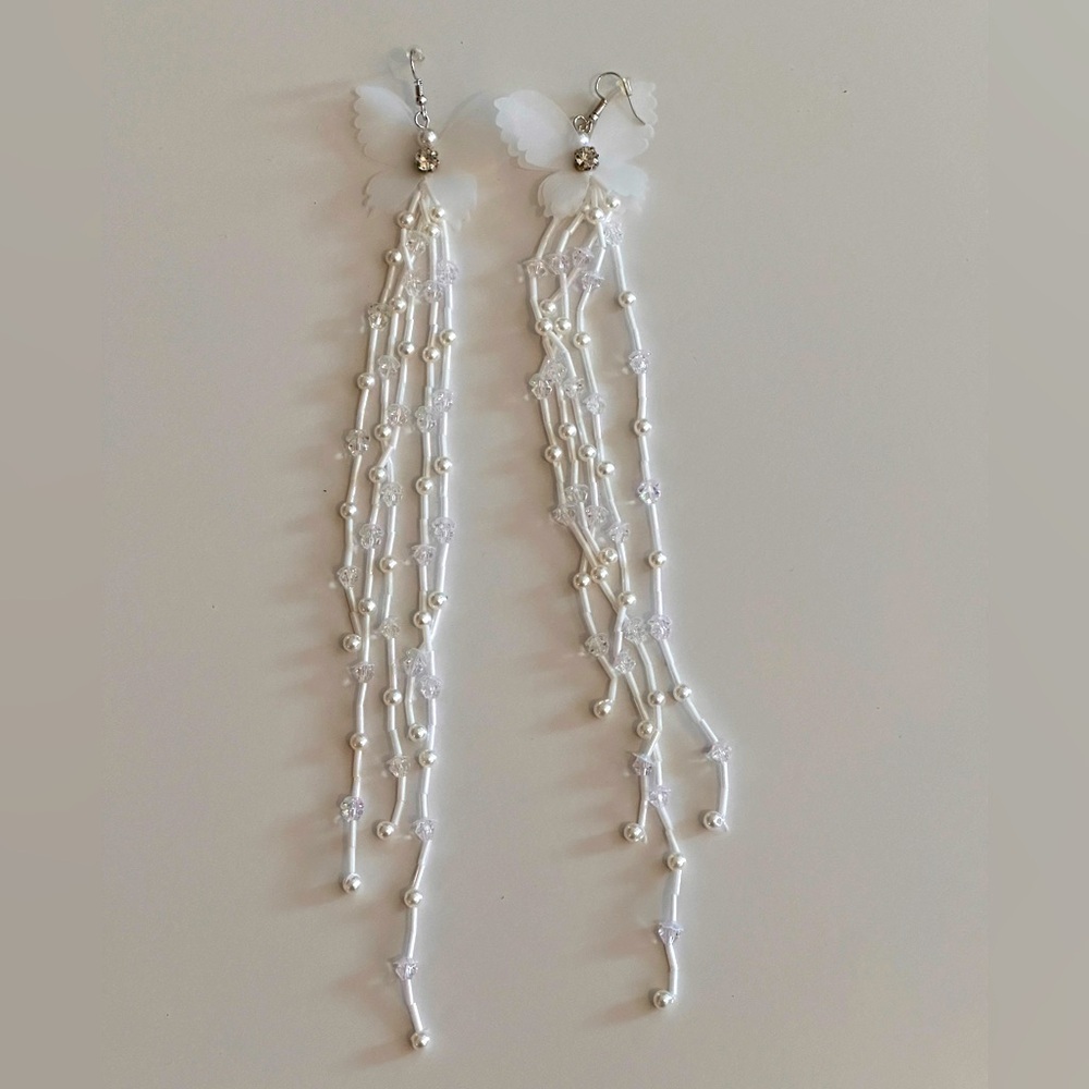 Butterfly Statement Earrings with Long Strands of Pearls